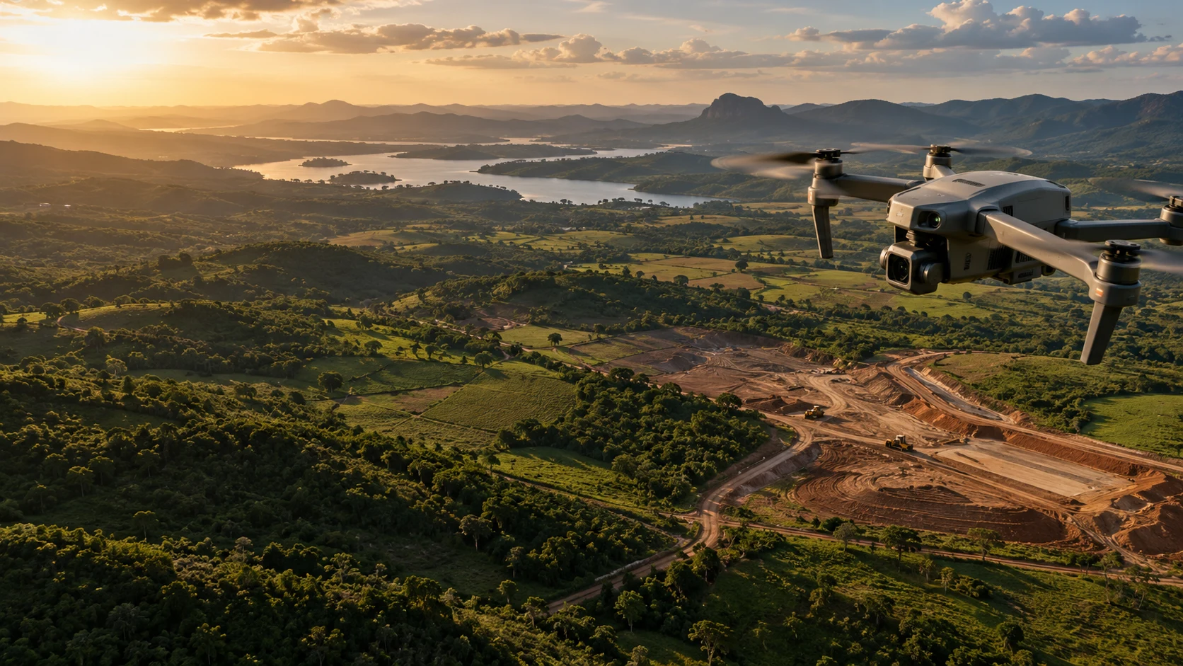 Drone sobre uma paisagem, em imagem ilustrativa criada por inteligência artificial